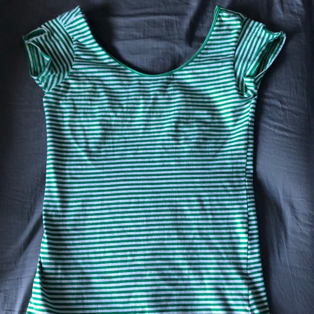Green and white striped off the shoulder t-shirt